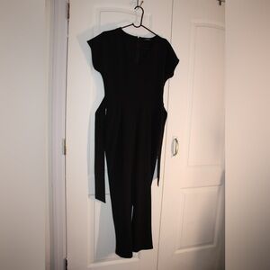 Express cropped Black Cap-Sleeve V-Neck Jumpsuit with Waist Ties